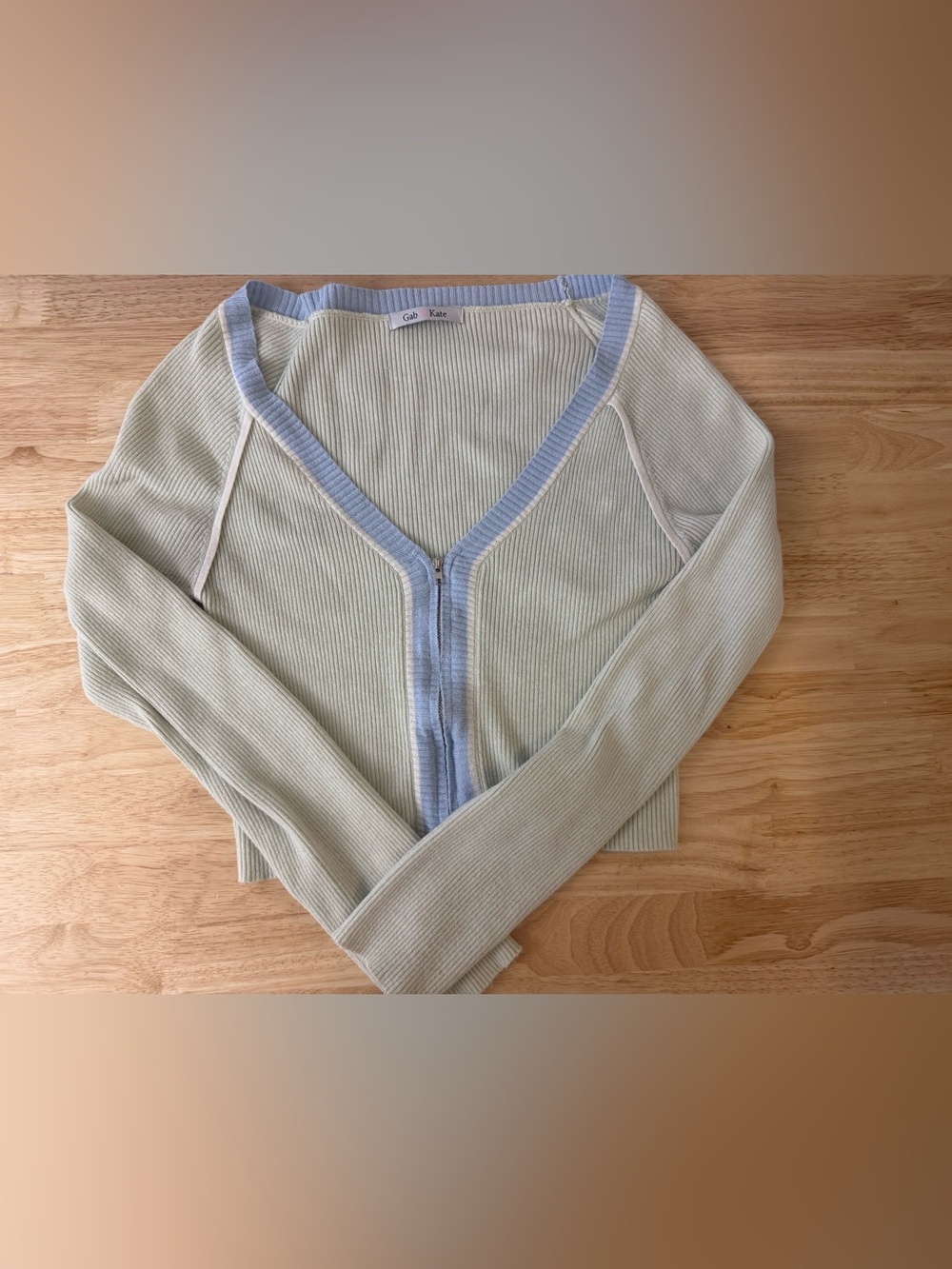 Ribbed Long Sleeve Top in Pale Mint with Blue Trim